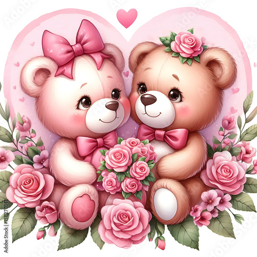 Watercolor cute teddy bear couple with pink rose bouquet clipart.Pink teddy bear in love.Romantic valentines day illustration for greeting cards and celebrations.