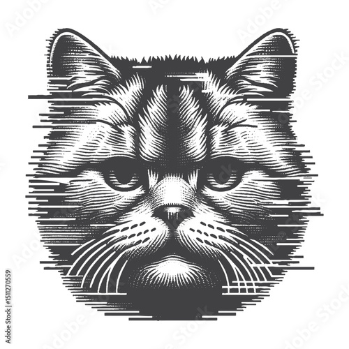 Vintage Hand-Drawn British Shorthair Head with Glitch Effect Illustration – Futuristic Cat Engraved Style Vector for T-Shirts, Posters, Stickers, and Digital Themes Apparel