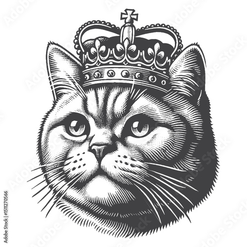 Vintage Hand-Drawn British Shorthair Wearing Crown Illustration – Royal Cat Engraved Style Vector for T-Shirts, Posters, Stickers, and Regal Themes Apparel