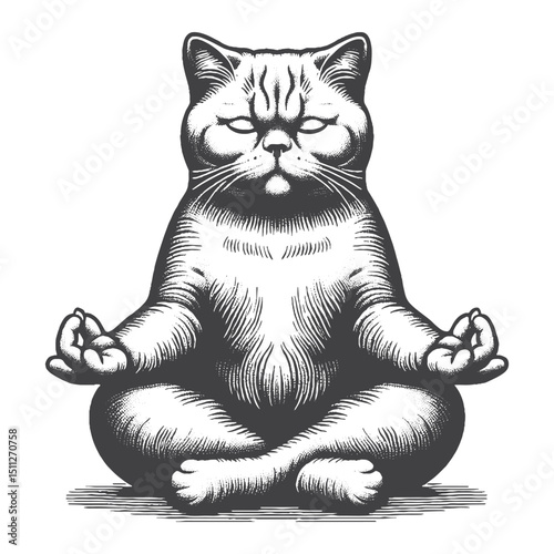 Vintage Hand-Drawn British Shorthair Meditating with Calm Expression Illustration – Zen Cat Engraved Style Vector for T-Shirts, Posters, Stickers, and Wellness Themes Apparel