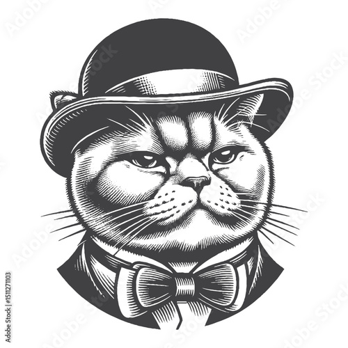 Vintage Hand-Drawn British Shorthair Wearing a Bowler Hat and Smug Face Illustration – Stylish Cat Engraved Style Vector for T-Shirts, Posters, Stickers, and Vintage Themes Apparel