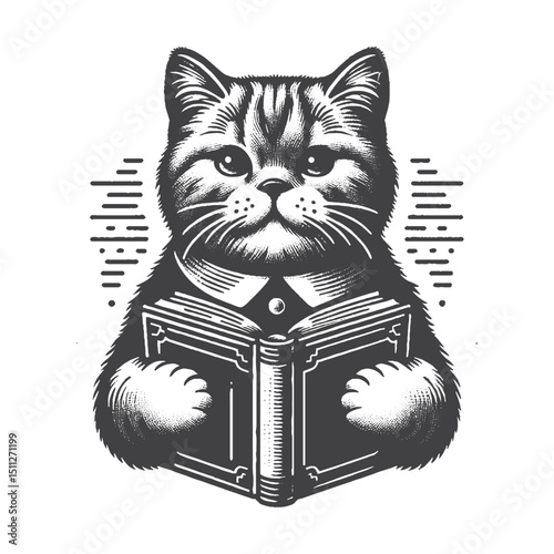 Vintage Hand-Drawn British Shorthair Holding a Book Illustration – Intelligent Cat Engraved Style Vector for T-Shirts, Posters, Stickers, and Literary Themes Apparel