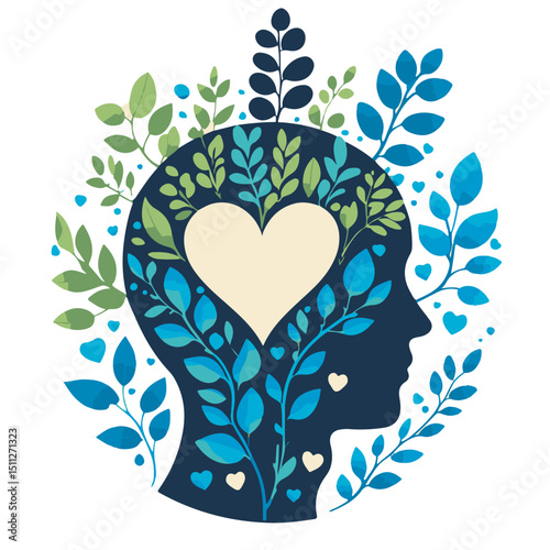 Cartoon vector of human mind with green leaves and hearts, representing eco-consciousness, mental health, and emotional harmony. Perfect for sustainability, wellness, nature care, and mindful lifestyl