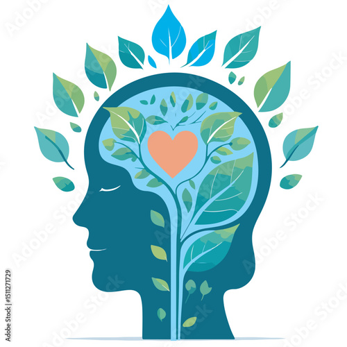 Vector cartoon of human mind surrounded by green leaves and hearts, symbolizing sustainability, eco-awareness, mental health, and emotional balance. Ideal for wellness, nature, and mindful living desi