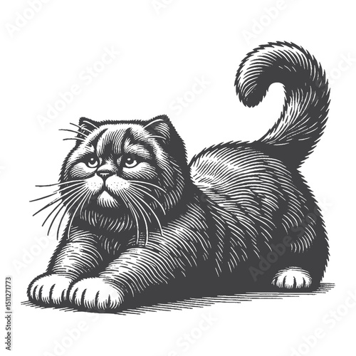 Vintage Hand-Drawn British Shorthair Stretching Illustration – Graceful Cat Engraved Style Vector for T-Shirts, Posters, Stickers, and Relaxation Themes Apparel