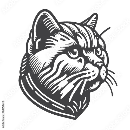 Vintage Hand-Drawn British Shorthair Head Side View Illustration – Elegant Cat Engraved Style Vector for T-Shirts, Posters, Stickers, and Classic Themes Appare