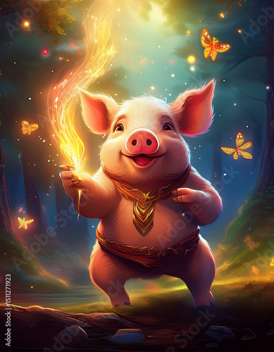Magical pig casting a spell to summon floating bacon, enchanted forest setting, cartoonish fantasy style, glowing particles