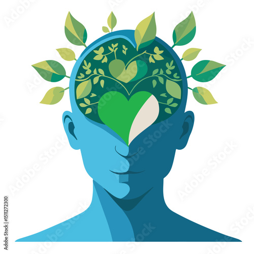 Creative cartoon of human mind with green plants and heart icons, symbolizing mental health, eco-consciousness, and emotional harmony. Ideal for wellness, nature care, sustainability, and mindful livi
