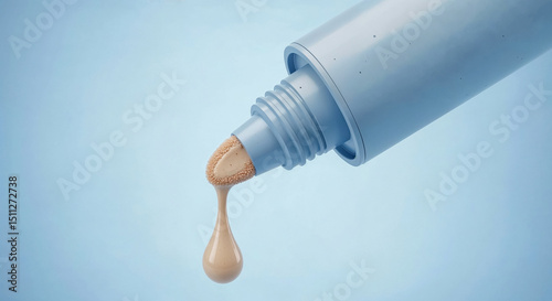 Liquid foundation dripping from tube on blue background