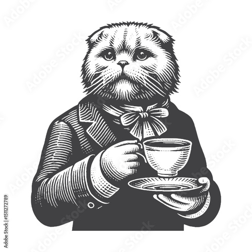 Vintage Hand-Drawn Scottish Fold Illustration – Teacup Holding Pose Engraved Style Vector for T-Shirts, Posters, Stickers, and Cozy Cat Café Themes Apparel