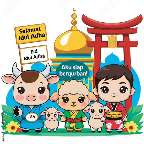 Desain vector ucapan Idul Adha / Eid Al-Adha yang elegan dan modern. Perfect for greeting cards, posters, banners, or social media to celebrate this holy day. Editable & ready to print. photo