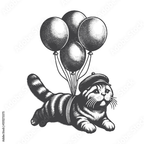 Vintage Hand-Drawn Scottish Fold Illustration – Floating with Balloons Engraved Style Vector for T-Shirts, Posters, Stickers, and Whimsical Cat Themes Apparel