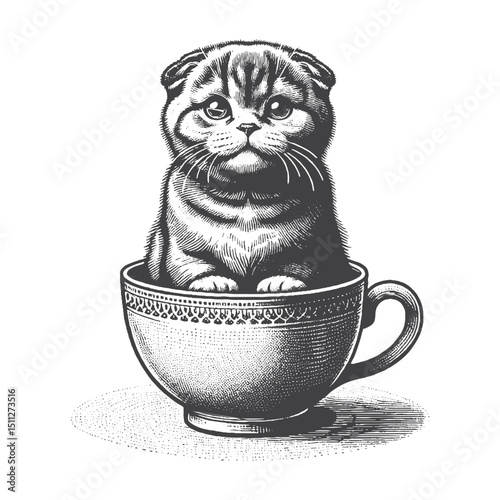 Vintage Hand-Drawn Scottish Fold Illustration – Sitting in Teacup Engraved Style Vector for T-Shirts, Posters, Stickers, and Cute Cat Themes Apparel