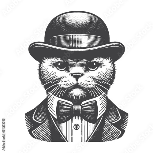 Vintage Hand-Drawn Scottish Fold Illustration – Bowler Hat and Smug Face Engraved Style Vector for T-Shirts, Posters, Stickers, and Quirky Cat Themes Apparel