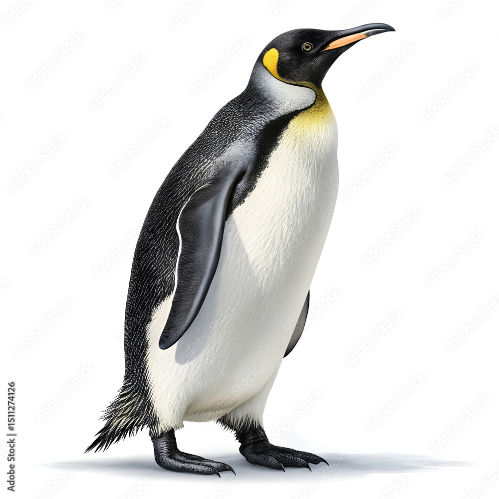 Fototapeta premium A full-body emperor penguin standing upright with a clean, smooth appearance and detailed feathers.