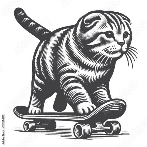 Vintage Hand-Drawn Scottish Fold Illustration – Riding Skateboard Engraved Style Vector for T-Shirts, Posters, Stickers, and Urban Cat Themes Apparel