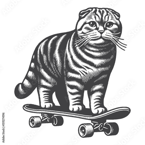 Vintage Hand-Drawn Scottish Fold Skateboard Illustration – Playful Cat Engraved Style Vector for T-Shirts, Posters, Stickers, and Streetwear Pet Lover Apparel