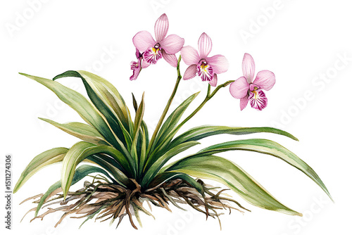 Pink orchid flowers on transparent background. Watercolor illustration.