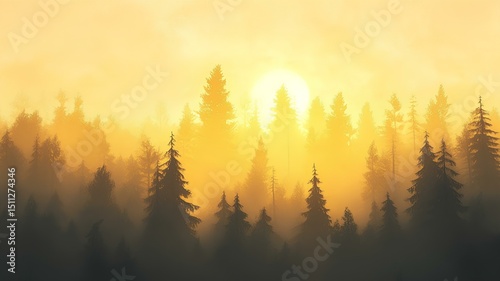Foggy landscape with coniferous forest at sunrise