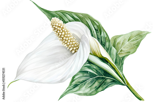 White Anthurium flower on transparent background. Hand drawn watercolor illustration