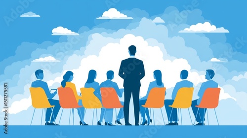 Simple 2D illustration of a manager leading a meeting, leadership concept, corporate setting