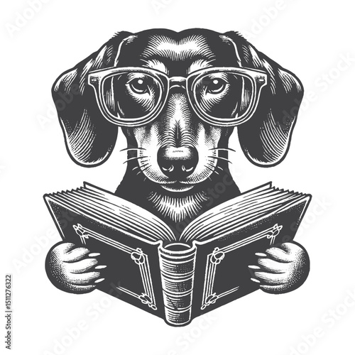 Vintage Hand-Drawn Dachshund Illustration – Dog Wearing Glasses Reading Book Engraved Style Vector for T-Shirts Posters Stickers and Pet Themes Apparel