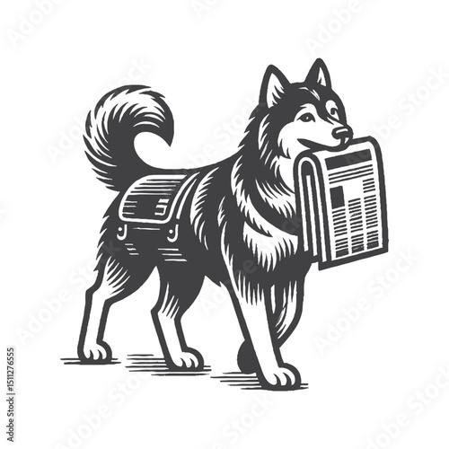 Vintage Hand-Drawn Siberian Husky Illustration – Dog Carrying Newspaper Engraved Style Vector for T-Shirts Posters Stickers and Pet Themes Apparel