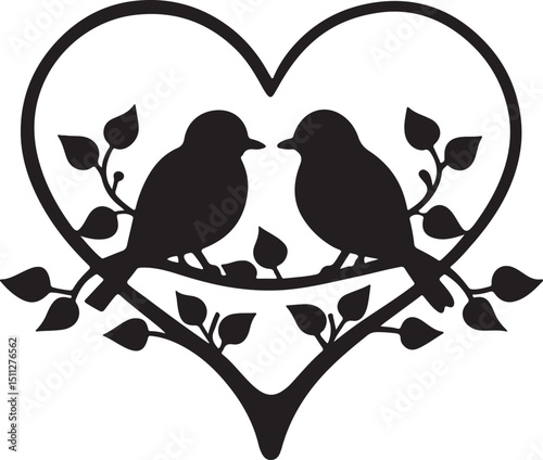 Lovebirds Silhouette: A charming silhouette of two birds perched together on a branch, enclosed within a heart-shaped frame, epitomizing love and companionship, a timeless emblem.