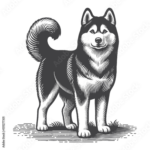 Vintage Hand-Drawn Siberian Husky Illustration – Standing Dog Engraved Style Vector for T-Shirts Posters Stickers and Pet Themes Apparel