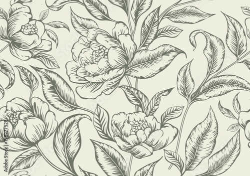 A hand drawing of green and beige floral seamless pattern 