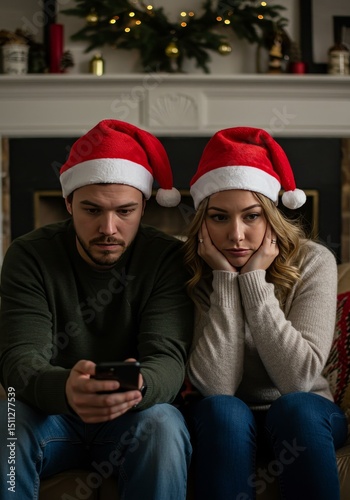 Sad Couple with Christmas Hats Looking at Phone Indoors at Home