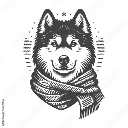Vintage Hand-Drawn Siberian Husky Illustration – Dog Wearing Scarf Engraved Style Vector for T-Shirts Posters Stickers and Pet Themes Apparel