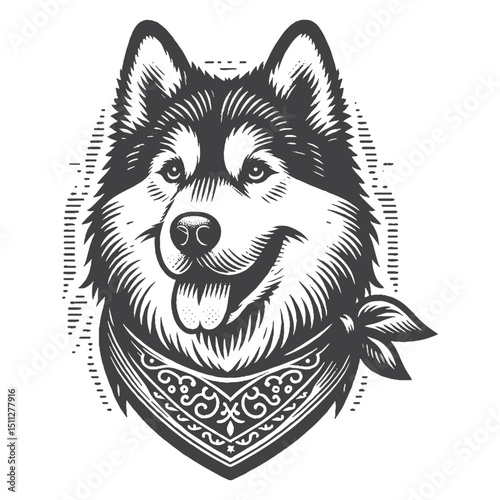 Vintage Hand-Drawn Siberian Husky Illustration – Dog Wearing Bandana Engraved Style Vector for T-Shirts Posters Stickers and Pet Themes Apparel
