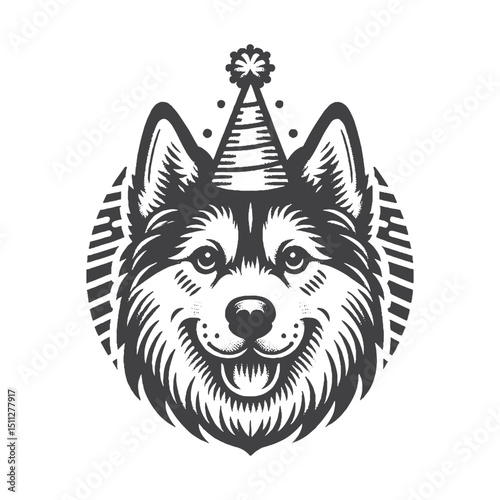 Vintage Hand-Drawn Siberian Husky Illustration – Dog Wearing Party Hat Engraved Style Vector for T-Shirts Posters Stickers and Pet Themes Apparel