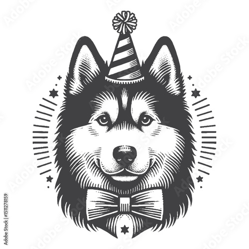 Vintage Hand-Drawn Siberian Husky Birthday Illustration – Festive Dog Engraved Style Vector for T-Shirts, Posters, Stickers, and Celebration Pet Lover Apparel