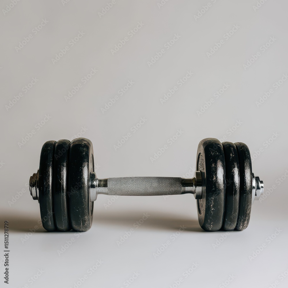 Fototapeta premium A well-worn, black dumbbell with a textured gray handle rests on a plain white background. The dumbbell is composed of multiple weight plates