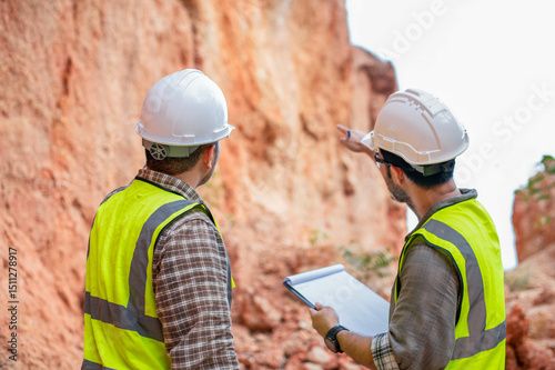 Expert geologists and explorers are working together to analyze rock layers near a cliff in a valley to examine the minerals and animal remains in the rock layers.