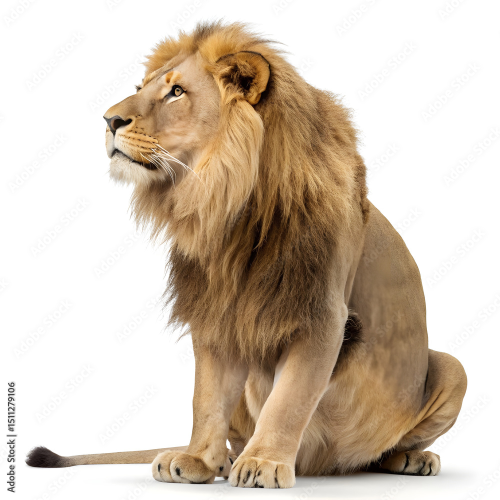 Obraz premium A full-body photorealistic male lion sitting calmly with a relaxed posture and a detailed, majestic mane.