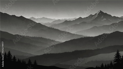 Create a vector illustration of a minimalist grayscale mountain landscape. The image should have soft  blue   gradients and a layered effect to depict depth, with distant mountains appear.