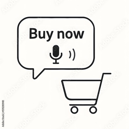 Voice Command Shopping Icon - “Buy Now” Speech Bubble with Microphone and Cart on White Background