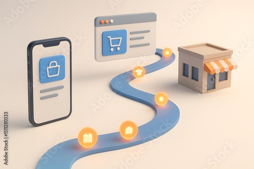 3D Illustration of Omnichannel Commerce Journey Connecting Mobile App, Online Store, and Physical Retail Shop