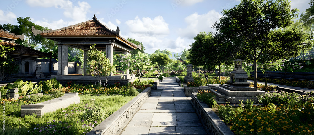 Obraz premium Peaceful Asian Garden Path with Buildings and Trees