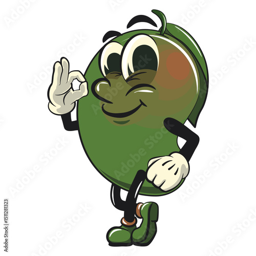 manggo retro vektor illustration mascot character dancing while giving the okay sign, work of hand drawn