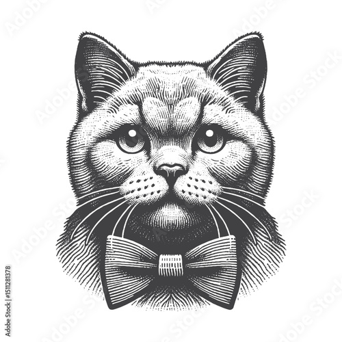 Vintage Hand-Drawn British Shorthair with Bow Tie Illustration – Elegant Cat Engraved Style Vector for T-Shirts, Posters, Stickers, and Formal Themes Apparel