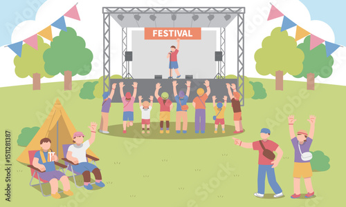 野外にステージを設置した夏フェスのイラスト