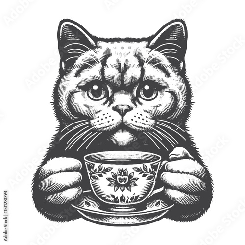 Vintage Hand-Drawn British Shorthair Holding a Teacup Illustration – Charming Cat Engraved Style Vector for T-Shirts, Posters, Stickers, and Cozy Themes Apparel