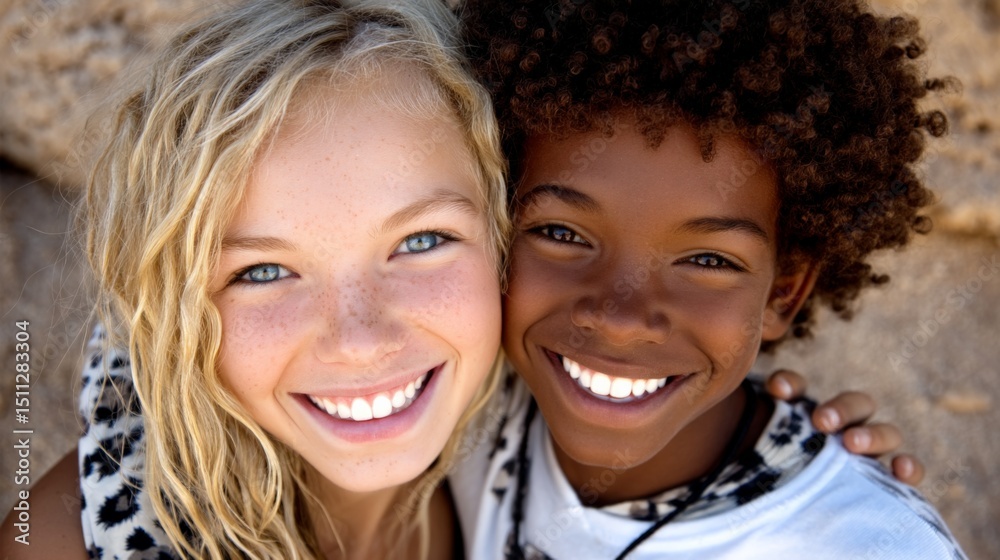 Fototapeta premium Smiling young women with diverse backgrounds enjoying a sunny outdoor day