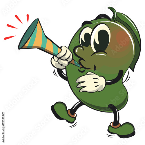 manggo retro vektor illustration mascot character blow the party horn trumpet, work of hand drawn