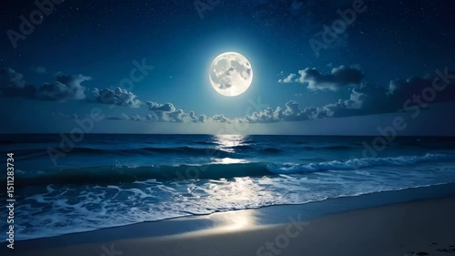 Bright full moon over ocean waves on a beach at night, twinkling stars, white clouds, deep blue water, serene seascape, peaceful ocean scenery