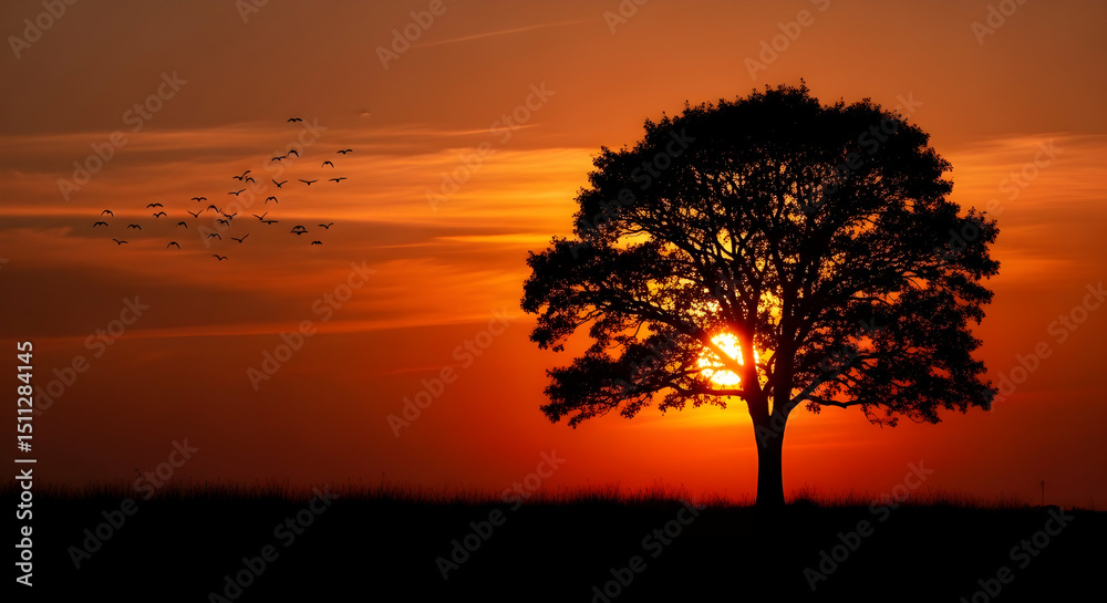 Fototapeta premium Silhouette Tree with Fiery Red and Orange Sunset Sky and Birds